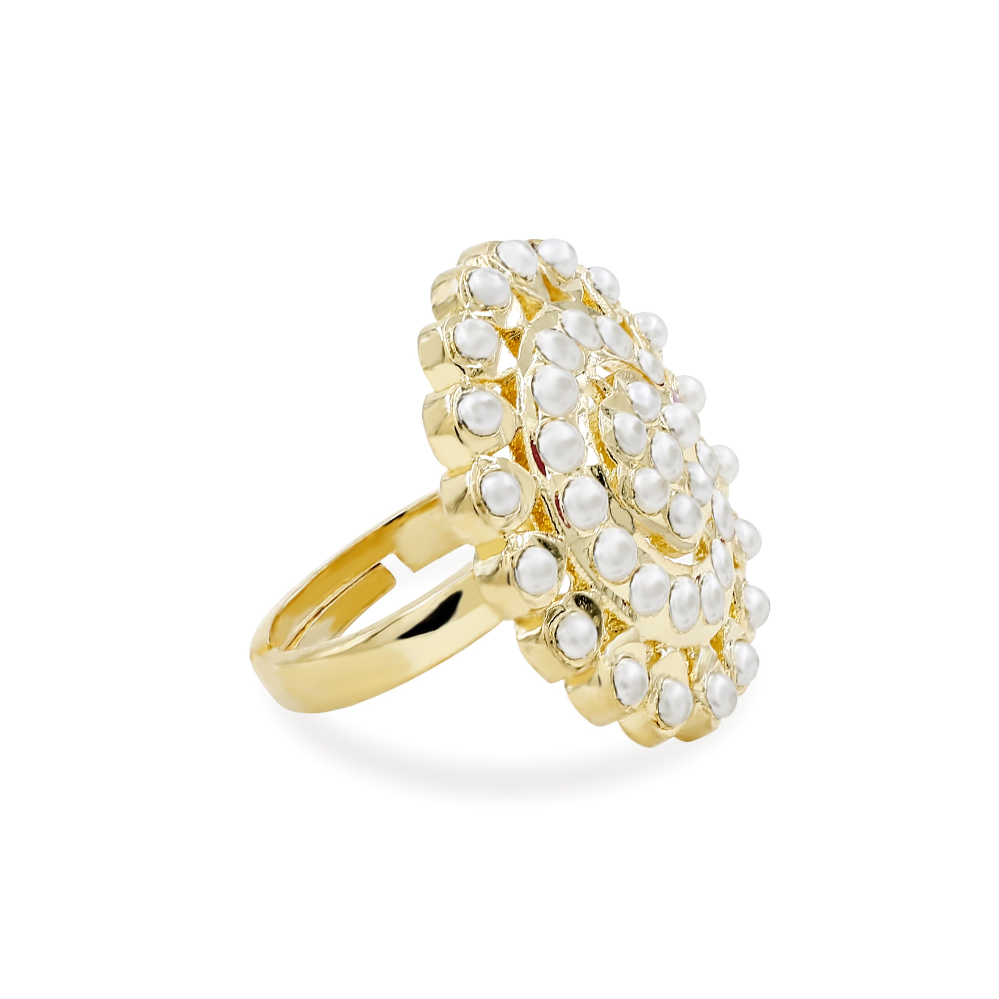 Bhavmayi Gold Plated Traditional Circullar Pearl & Emerald Green Gemstone Statement Jadau Ring