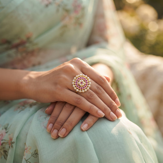 Bhavmayi Gold Plated Traditional Circullar Pearl & Emerald Green Gemstone Statement Jadau Ring