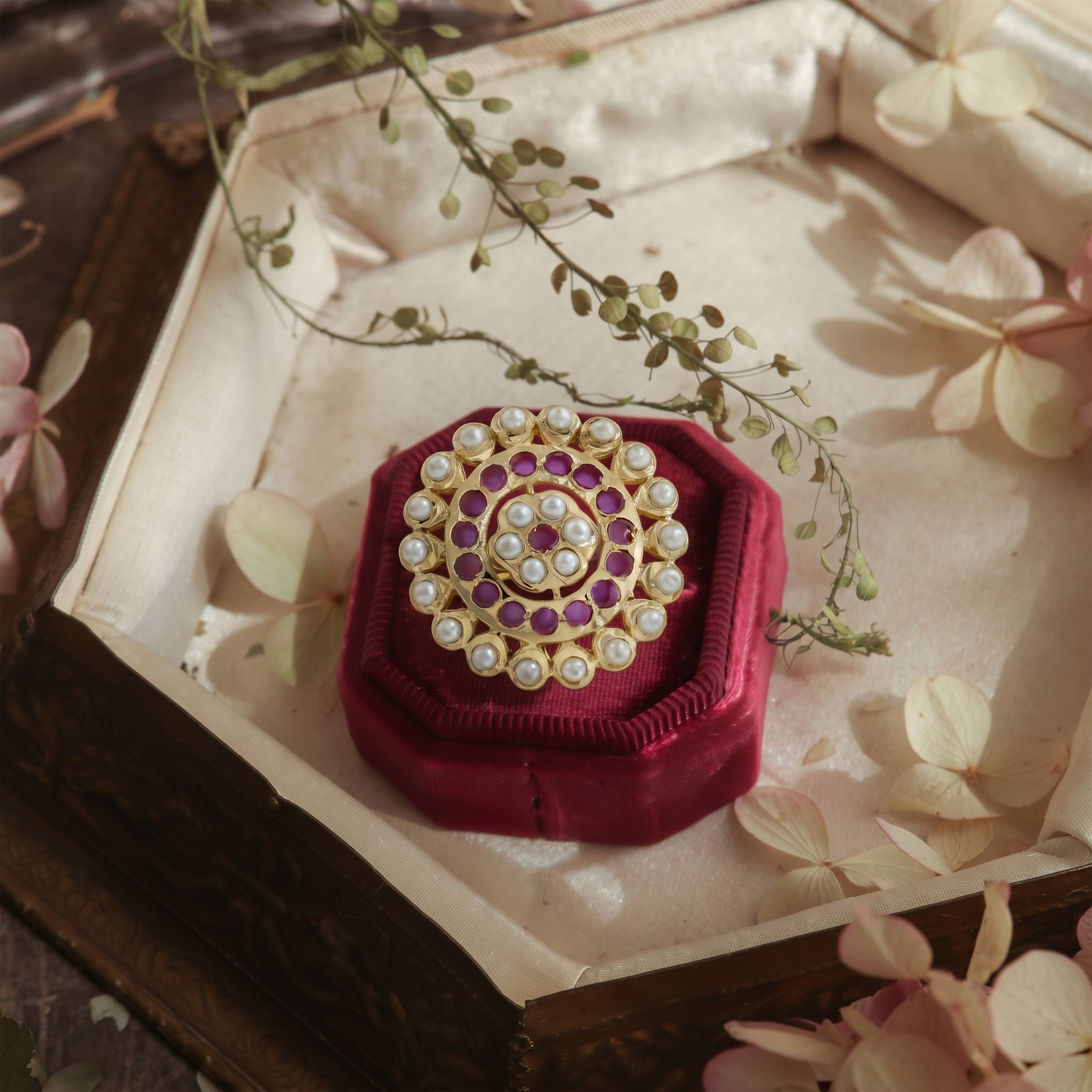 Bhavmayi Gold Plated Traditional Circullar Pearl & Emerald Green Gemstone Statement Jadau Ring