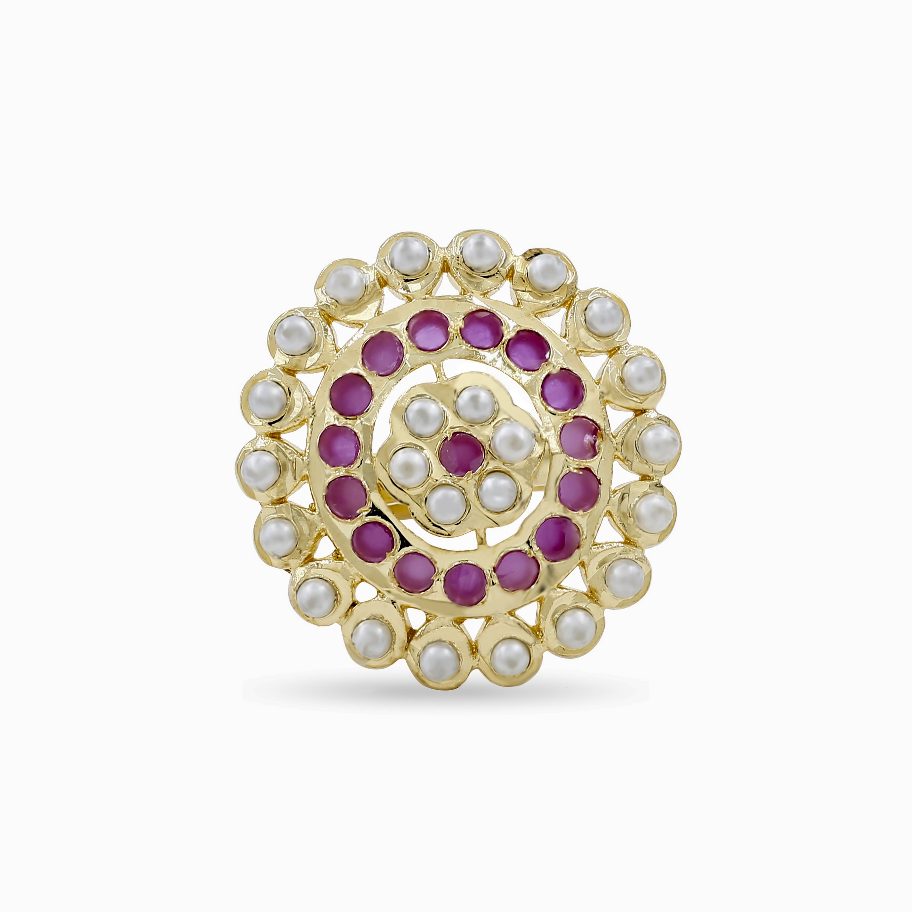 Bhavmayi Gold Plated Traditional Circullar Pearl & Emerald Green Gemstone Statement Jadau Ring
