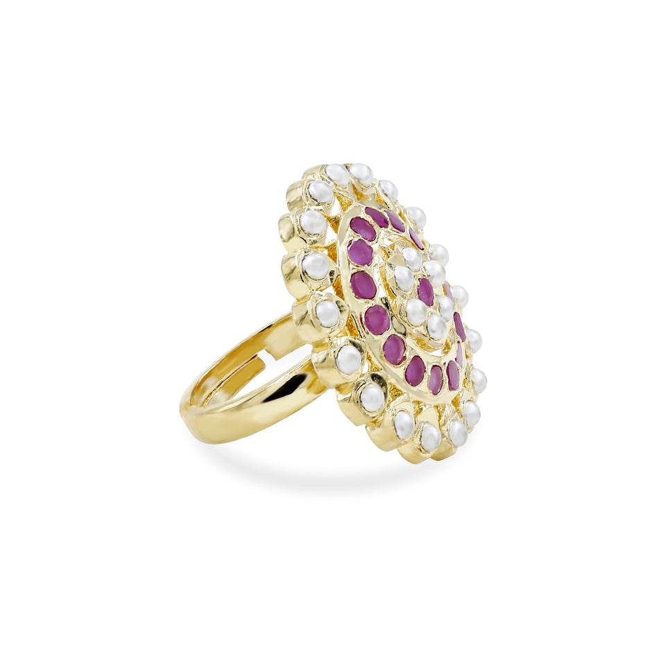 Bhavmayi Gold Plated Traditional Circullar Pearl & Emerald Green Gemstone Statement Jadau Ring