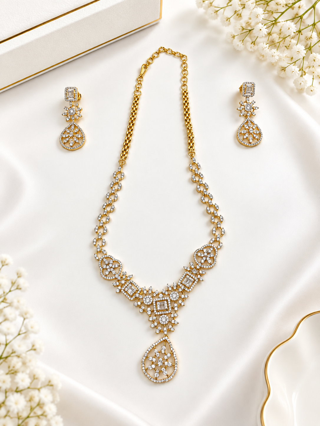 Bhavmayi Golden Crystal Necklace & Matching Drop Earrings Set