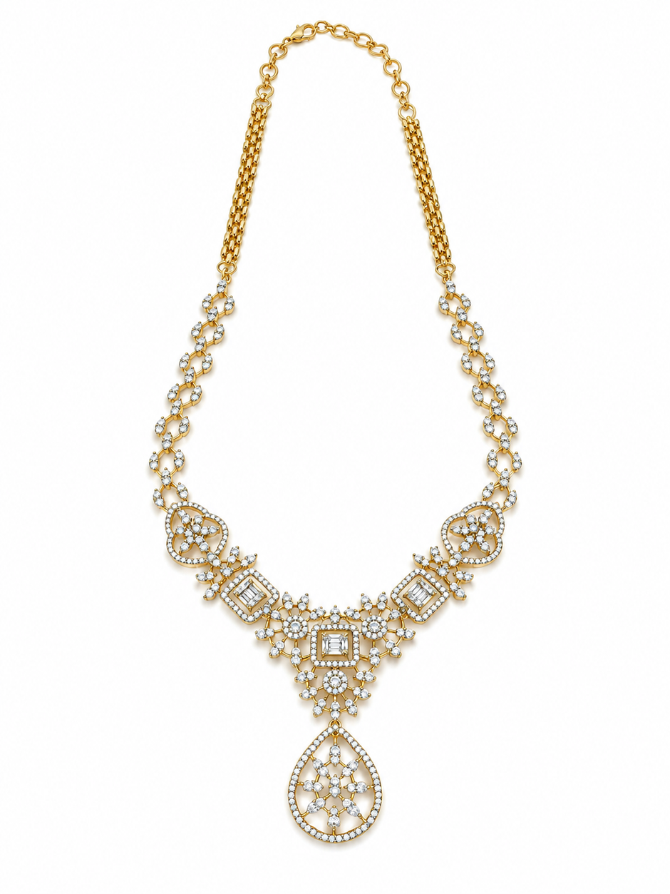 Bhavmayi Golden Crystal Necklace & Matching Drop Earrings Set