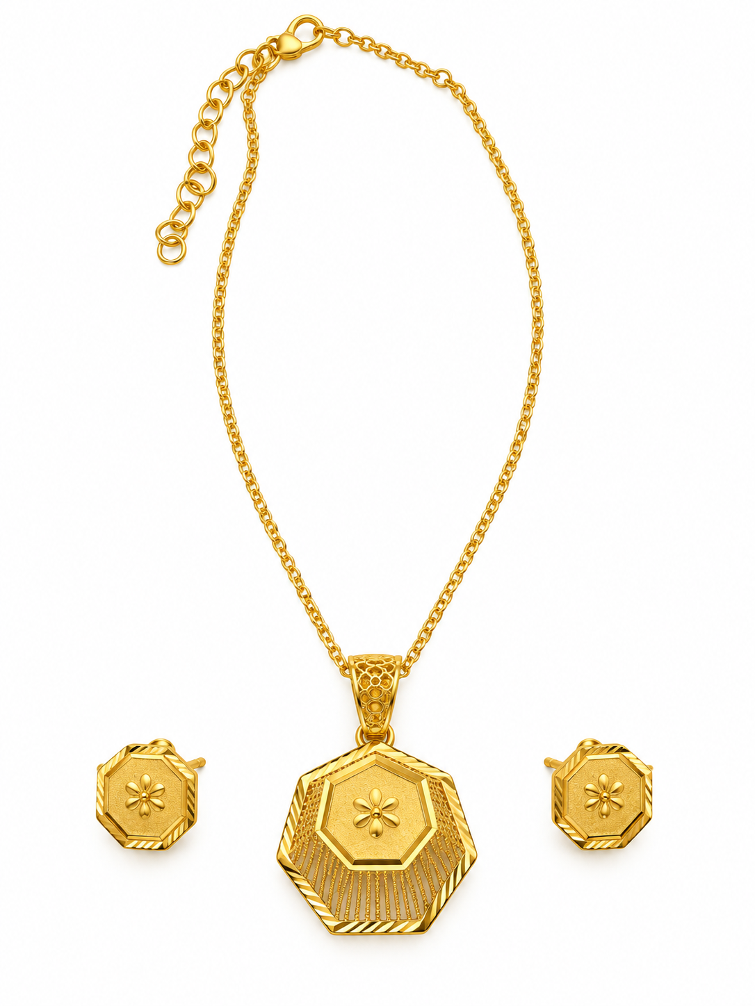 Bhavmayi Golden Octagonal Floral Pendant Necklace & Earrings Set
