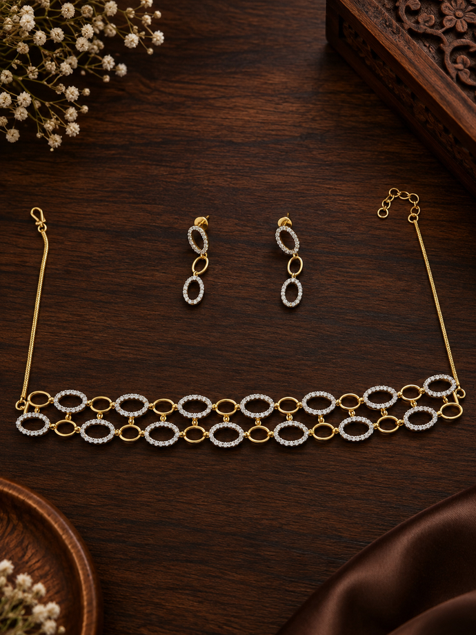 Bhavmayi Golden Oval Crystal Necklace & Earrings Set