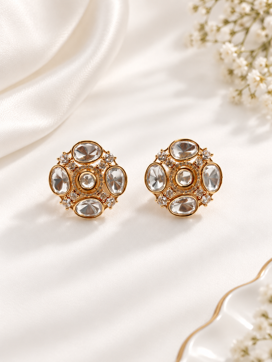 Bhavmayi Golden Oval Crystal Stud Earrings