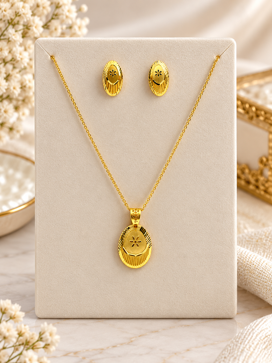 Bhavmayi Golden Oval Floral Pendant Necklace & Stud Earrings Set