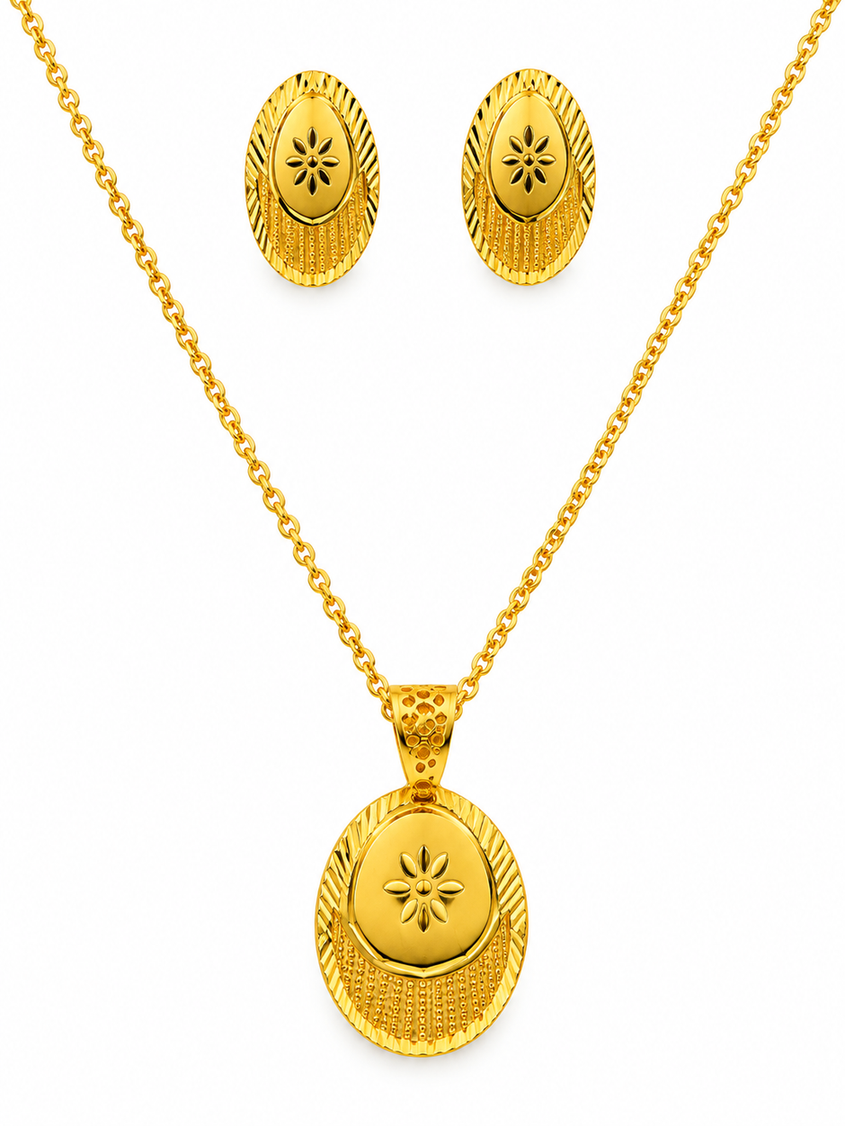 Bhavmayi Golden Oval Floral Pendant Necklace & Stud Earrings Set