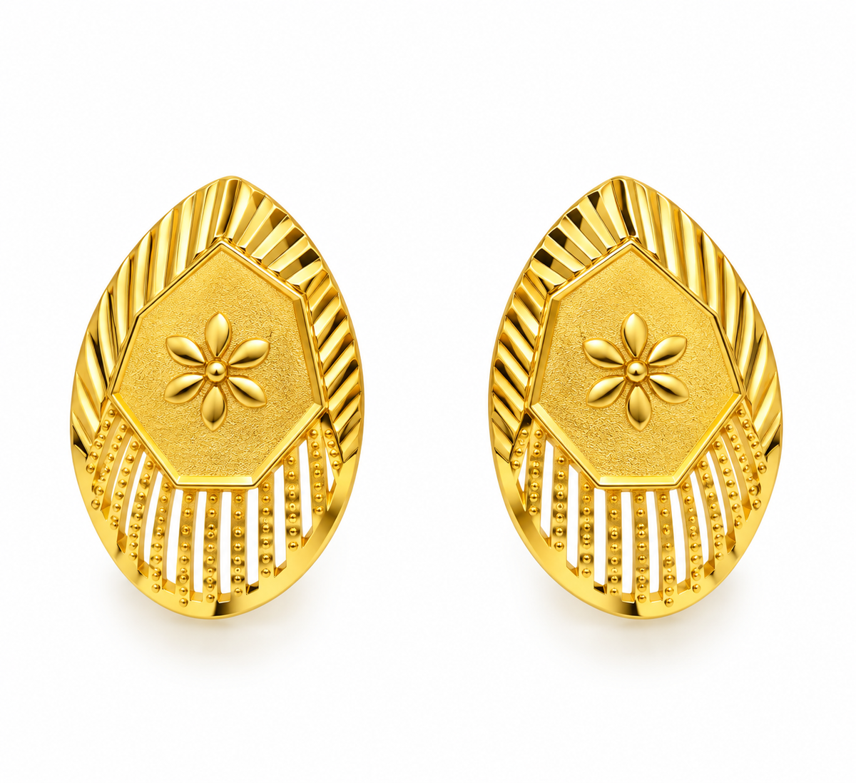 Bhavmayi Golden Oval Floral Pendant Necklace & Stud Earrings Set