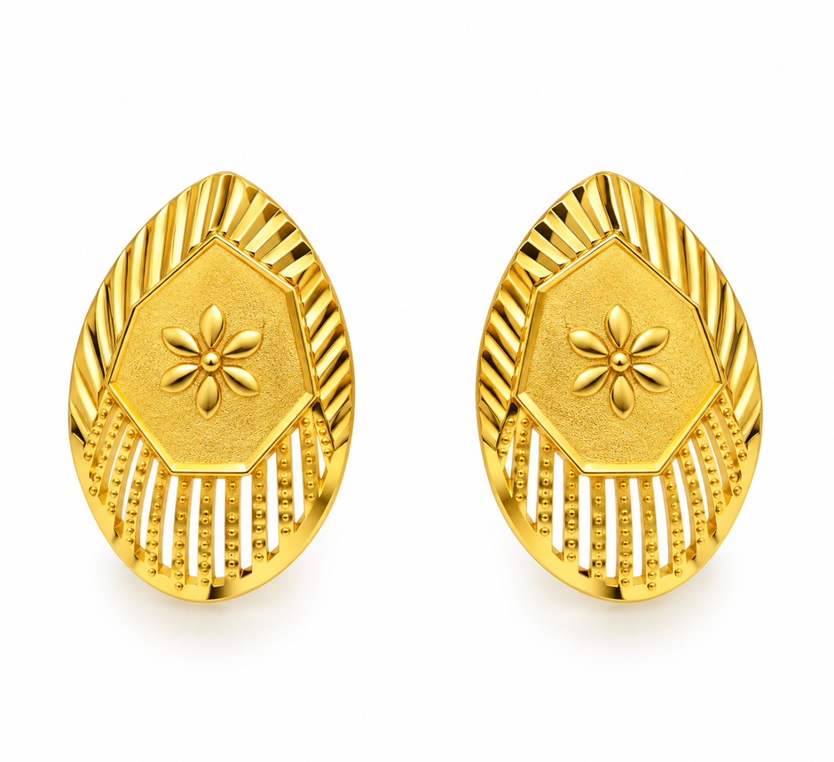 Bhavmayi Golden Oval Floral Pendant Necklace & Stud Earrings Set