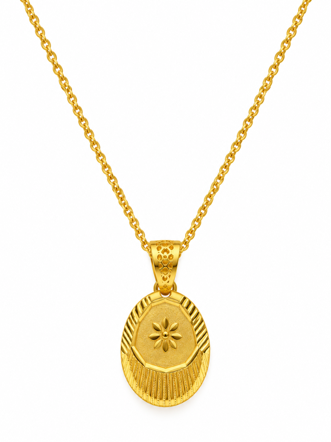Bhavmayi Golden Oval Floral Pendant Necklace & Stud Earrings Set