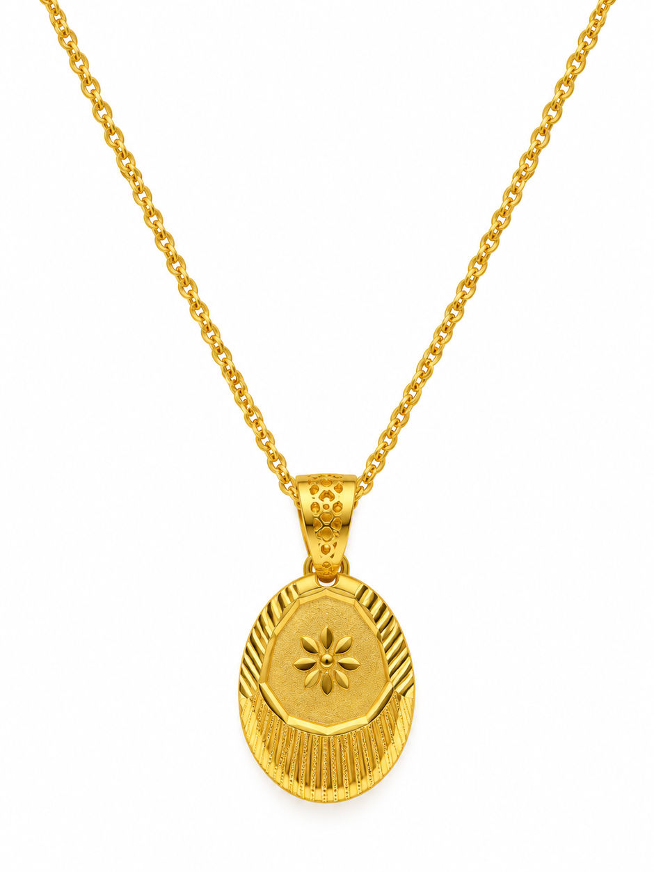 Bhavmayi Golden Oval Floral Pendant Necklace & Stud Earrings Set