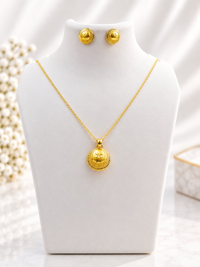 Bhavmayi Golden Round Floral Pendant Necklace & Stud Earrings Set