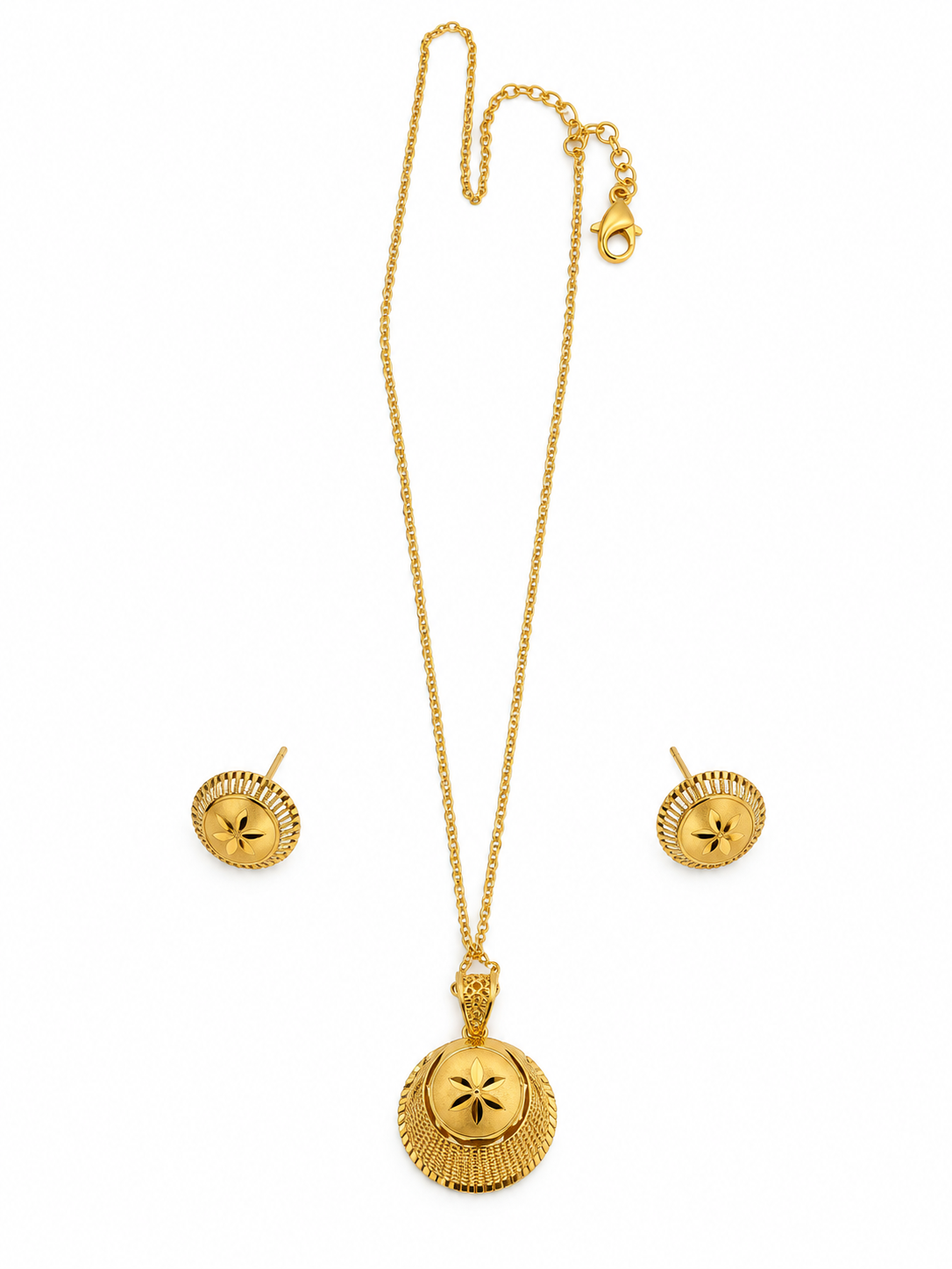 Bhavmayi Golden Round Floral Pendant Necklace & Stud Earrings Set