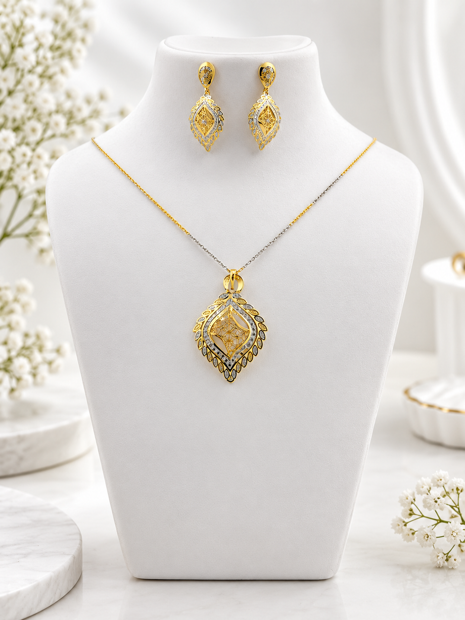 Bhavmayi Leaf-Frame Two-Tone Pendant Necklace & Earring Set