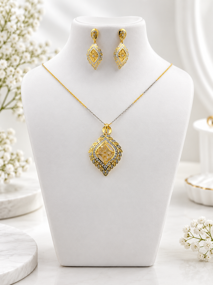 Bhavmayi Leaf-Frame Two-Tone Pendant Necklace & Earring Set