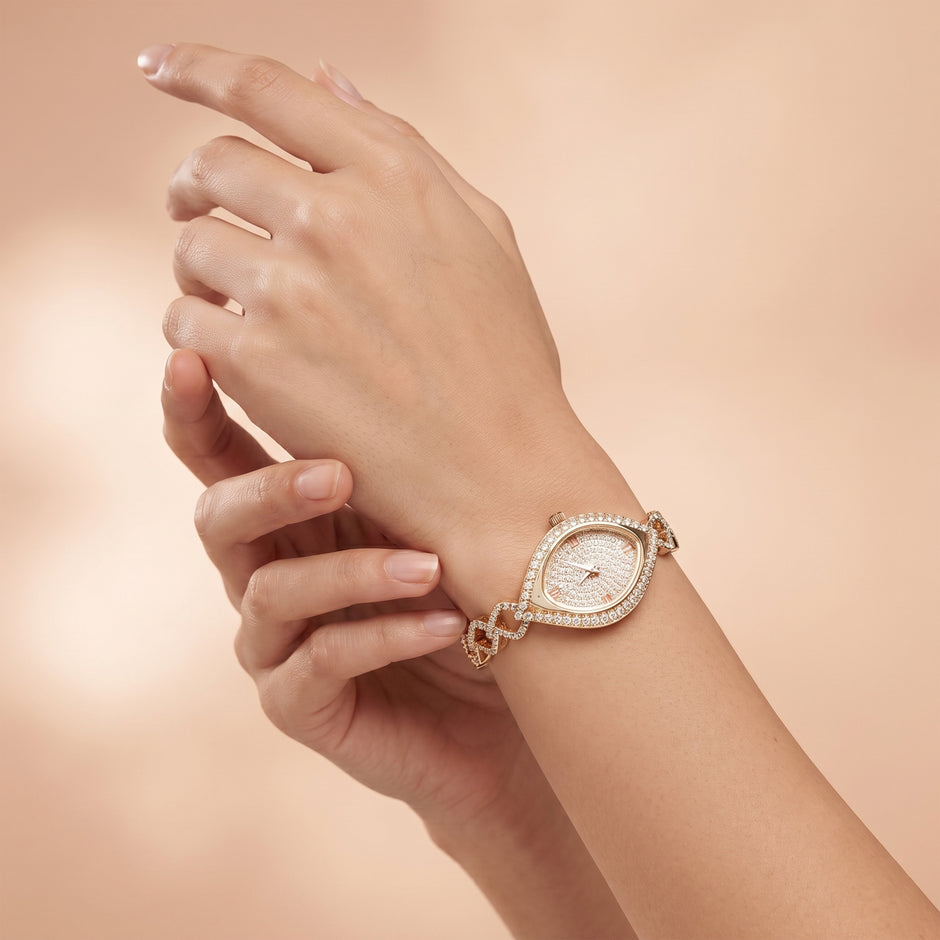 Bhavmayi Elegant Rose Gold Marquise Jewellery Bracelet Watch with Sparkling Crystal Heart Link Design. 