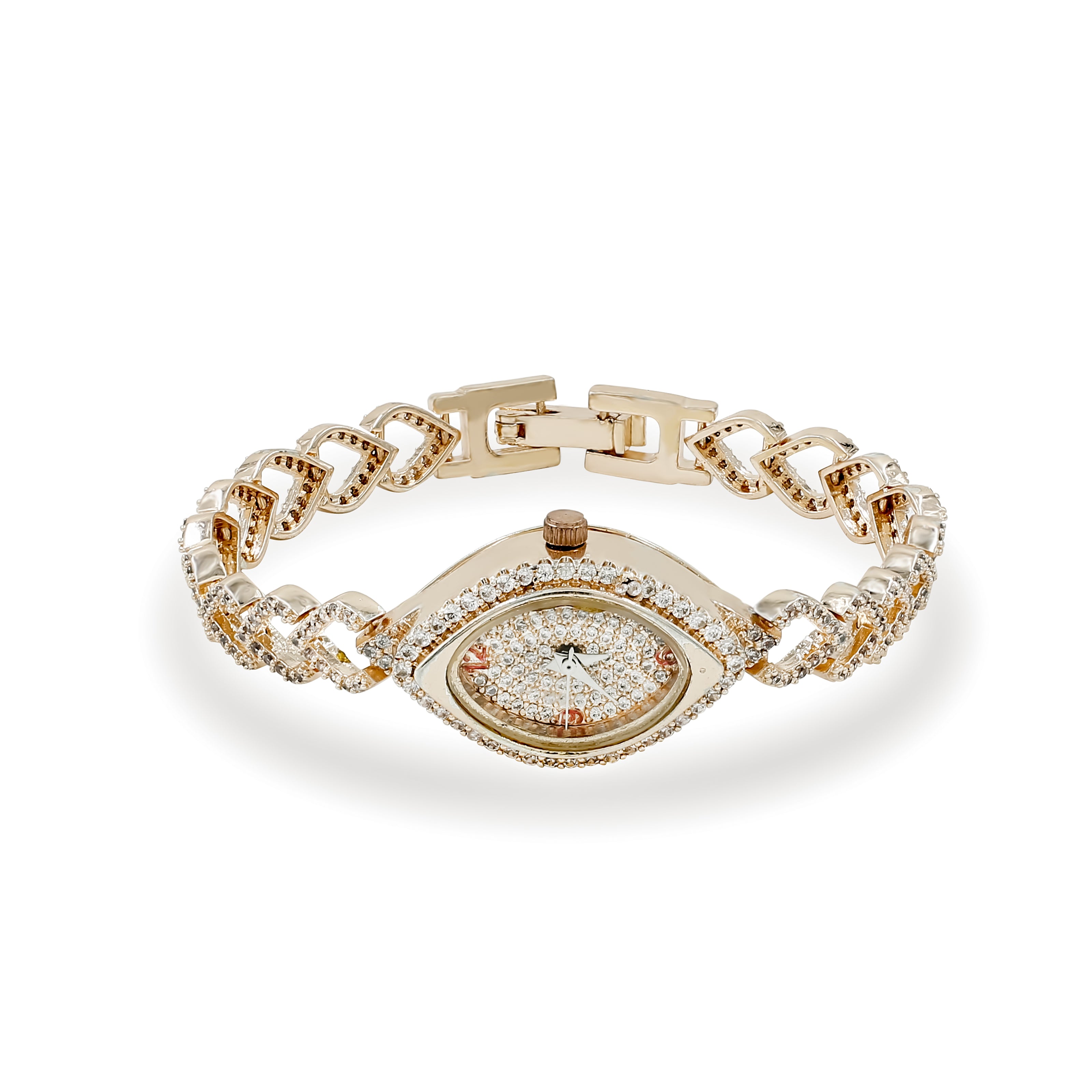 Bhavmayi Elegant Rose Gold Marquise Jewellery Bracelet Watch with Sparkling Crystal Heart Link Design. 