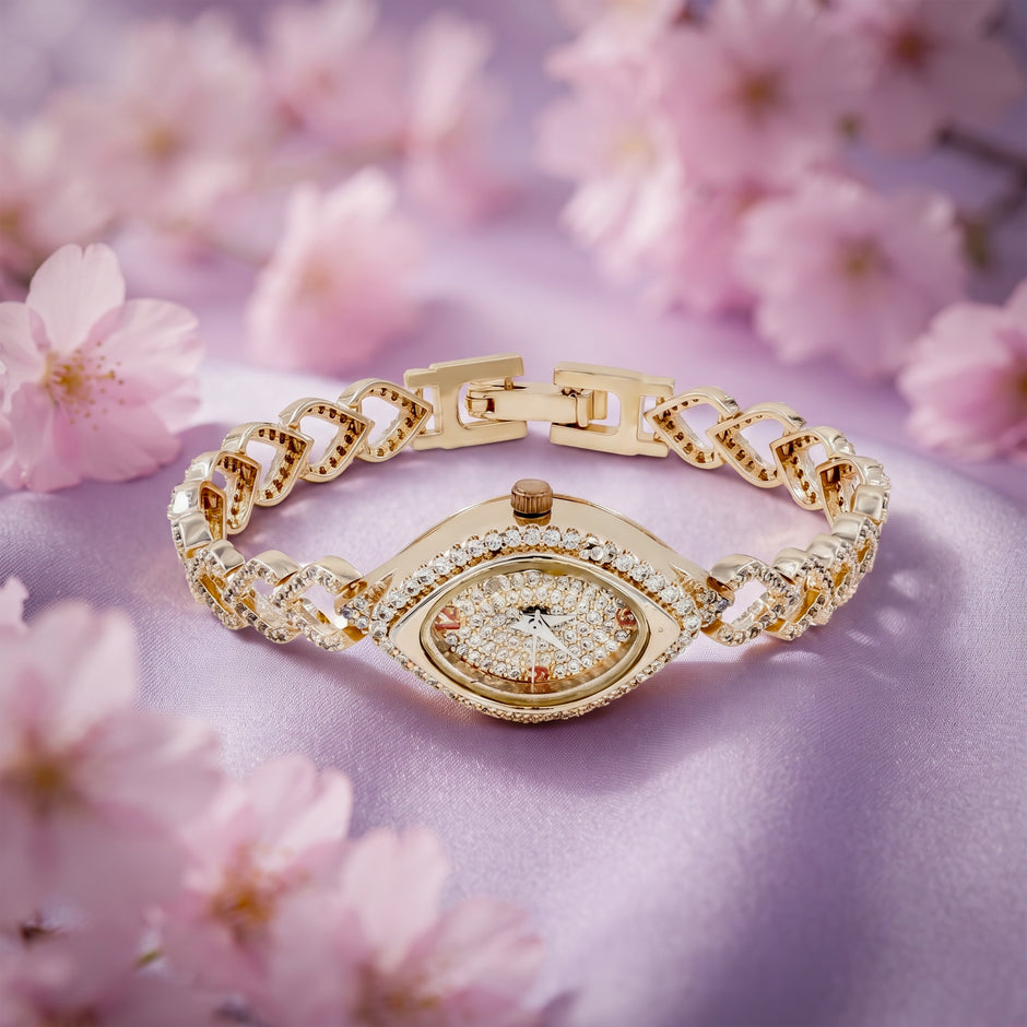 Bhavmayi Elegant Rose Gold Marquise Jewellery Bracelet Watch with Sparkling Crystal Heart Link Design. 