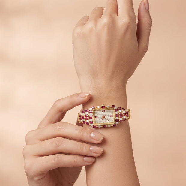 Bhavmayi Luxury Gold Ruby & Crystal Jewellery Bracelet Watch with Rectangular Pave Dial Timepiece