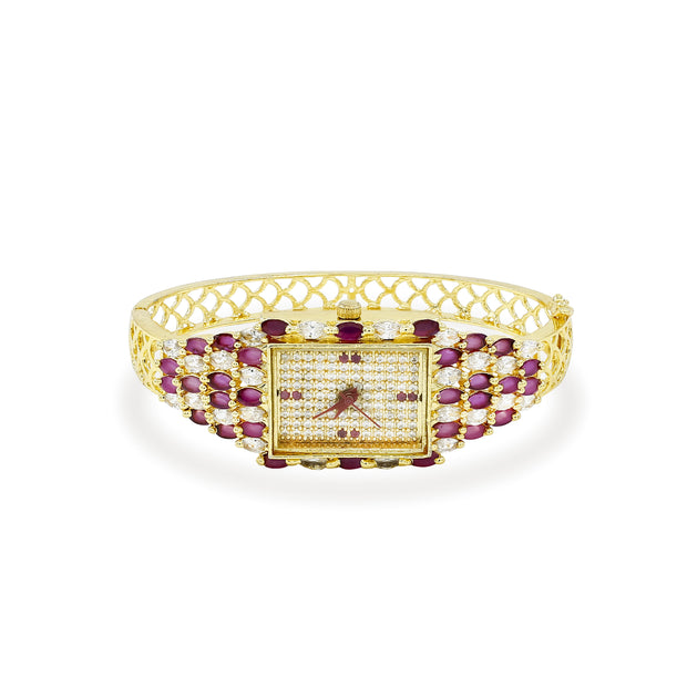 Bhavmayi Luxury Gold Ruby & Crystal Jewellery Bracelet Watch with Rectangular Pave Dial Timepiece