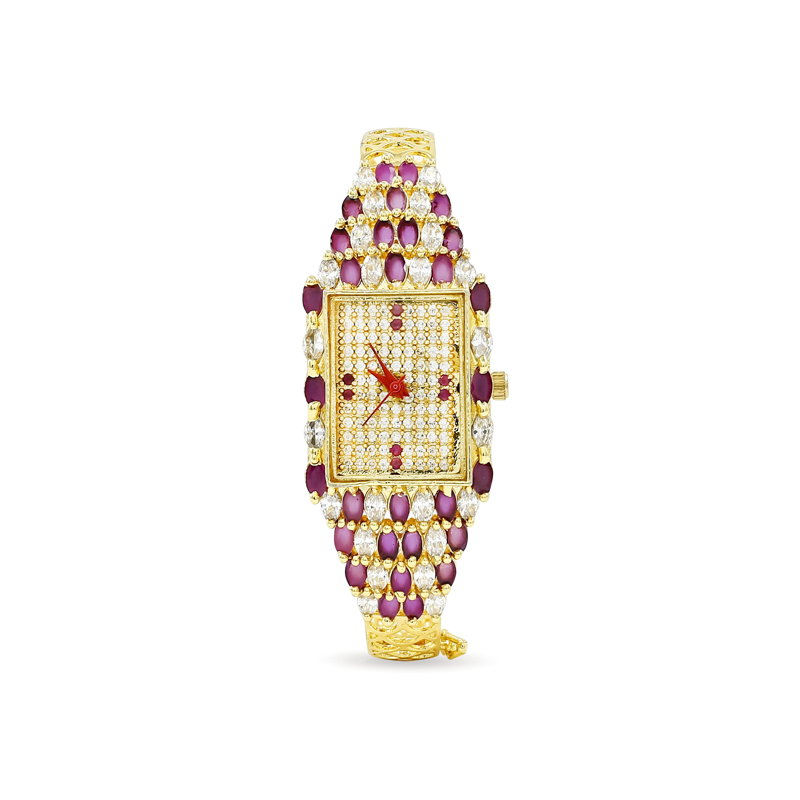 Bhavmayi Luxury Gold Ruby & Crystal Jewellery Bracelet Watch with Rectangular Pave Dial Timepiece
