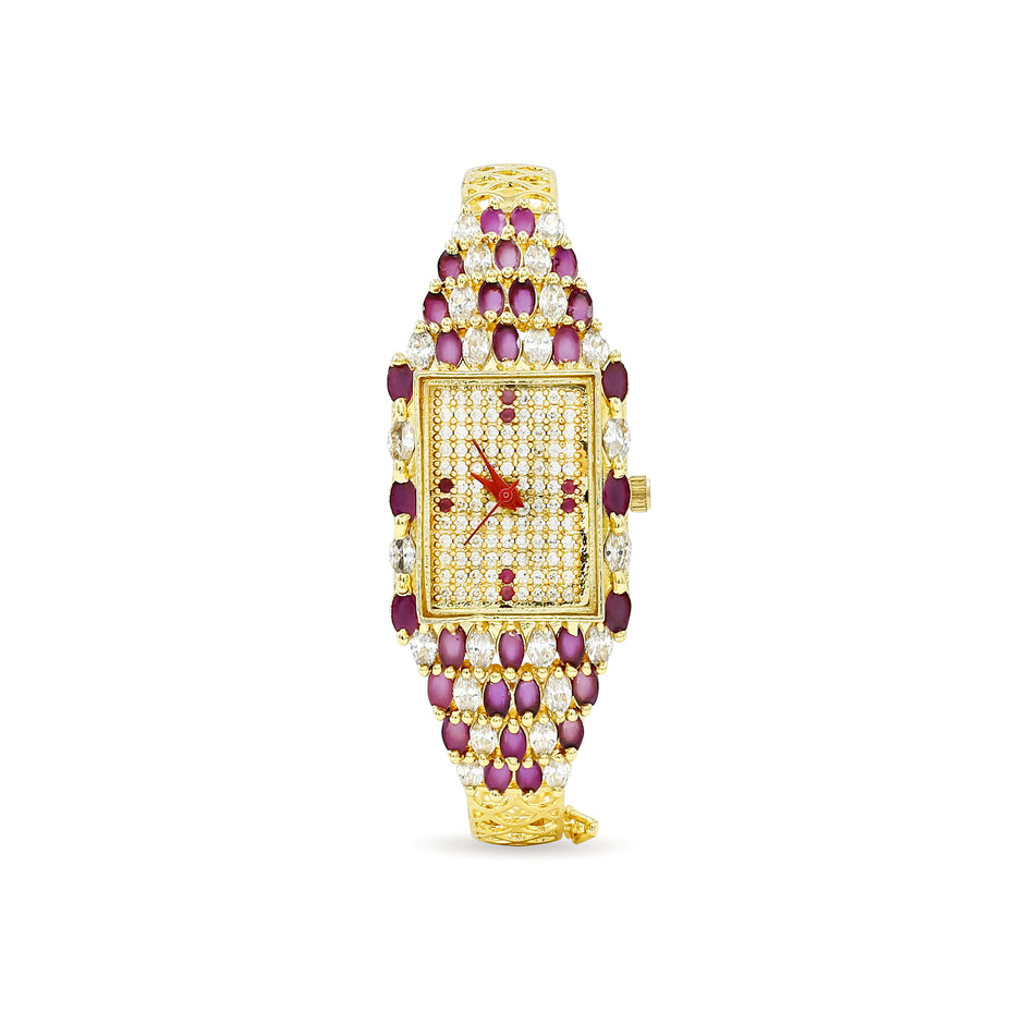 Bhavmayi Luxury Gold Ruby & Crystal Jewellery Bracelet Watch with Rectangular Pave Dial Timepiece