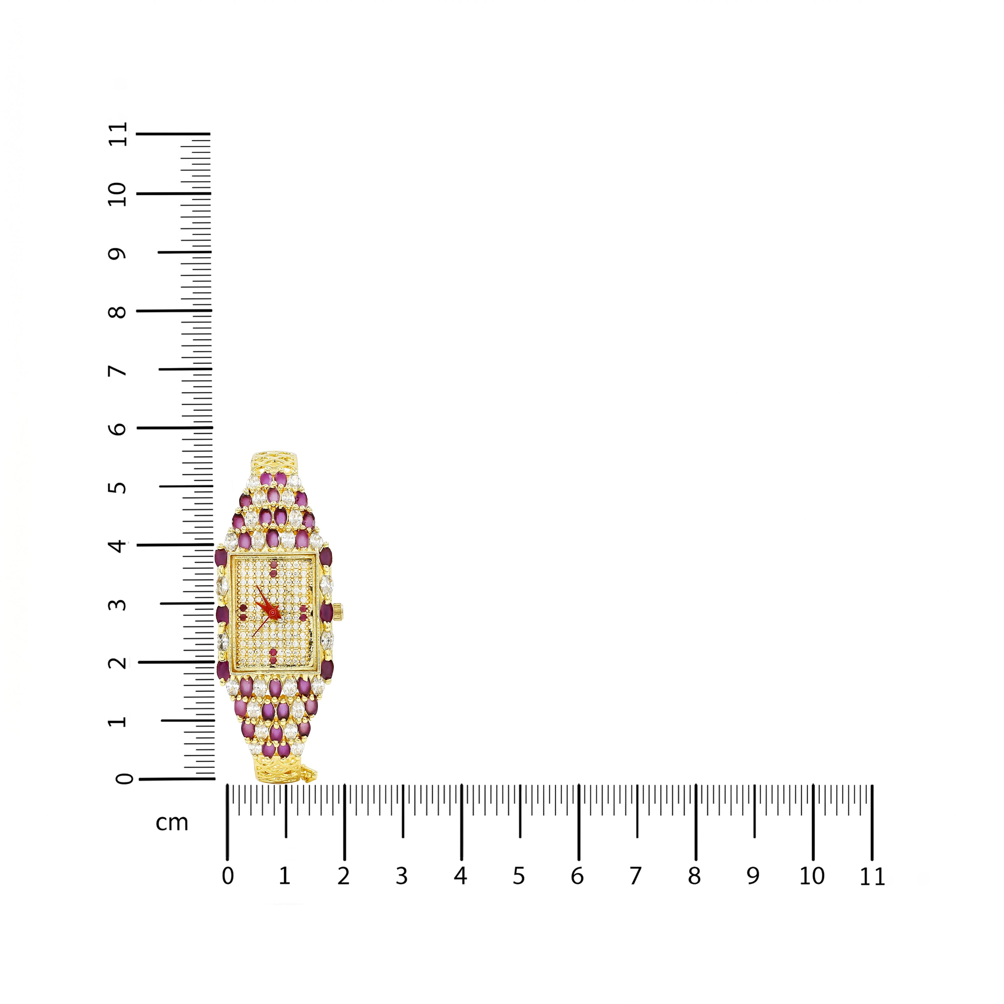 Bhavmayi Luxury Gold Ruby & Crystal Jewellery Bracelet Watch with Rectangular Pave Dial Timepiece