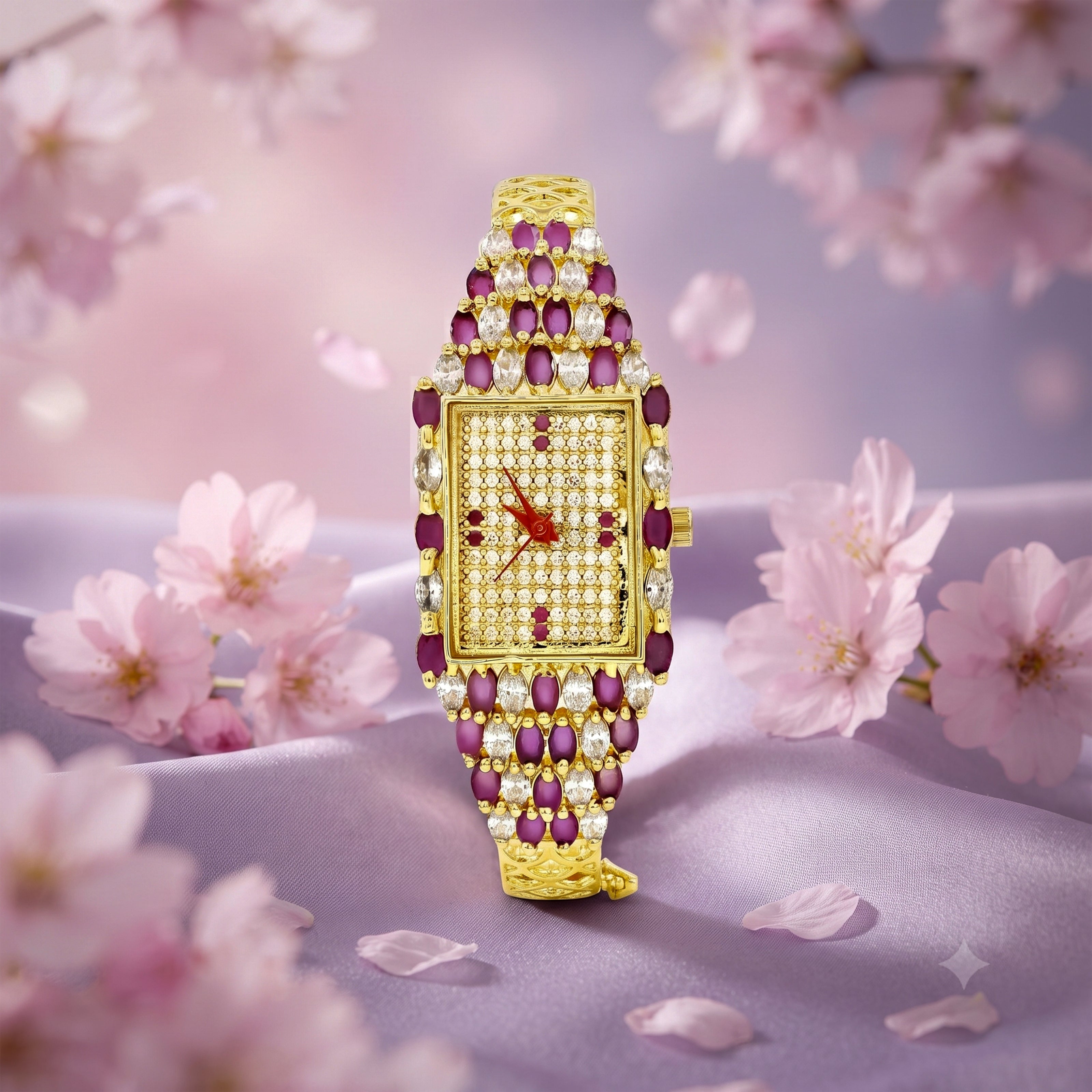 Bhavmayi Luxury Gold Ruby & Crystal Jewellery Bracelet Watch with Rectangular Pave Dial Timepiece