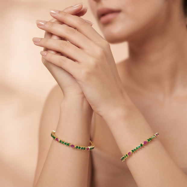 Bhavmayi Multi-Color Ruby Red & Emerald Green Stone-Studded Gold Finish Bangle Set