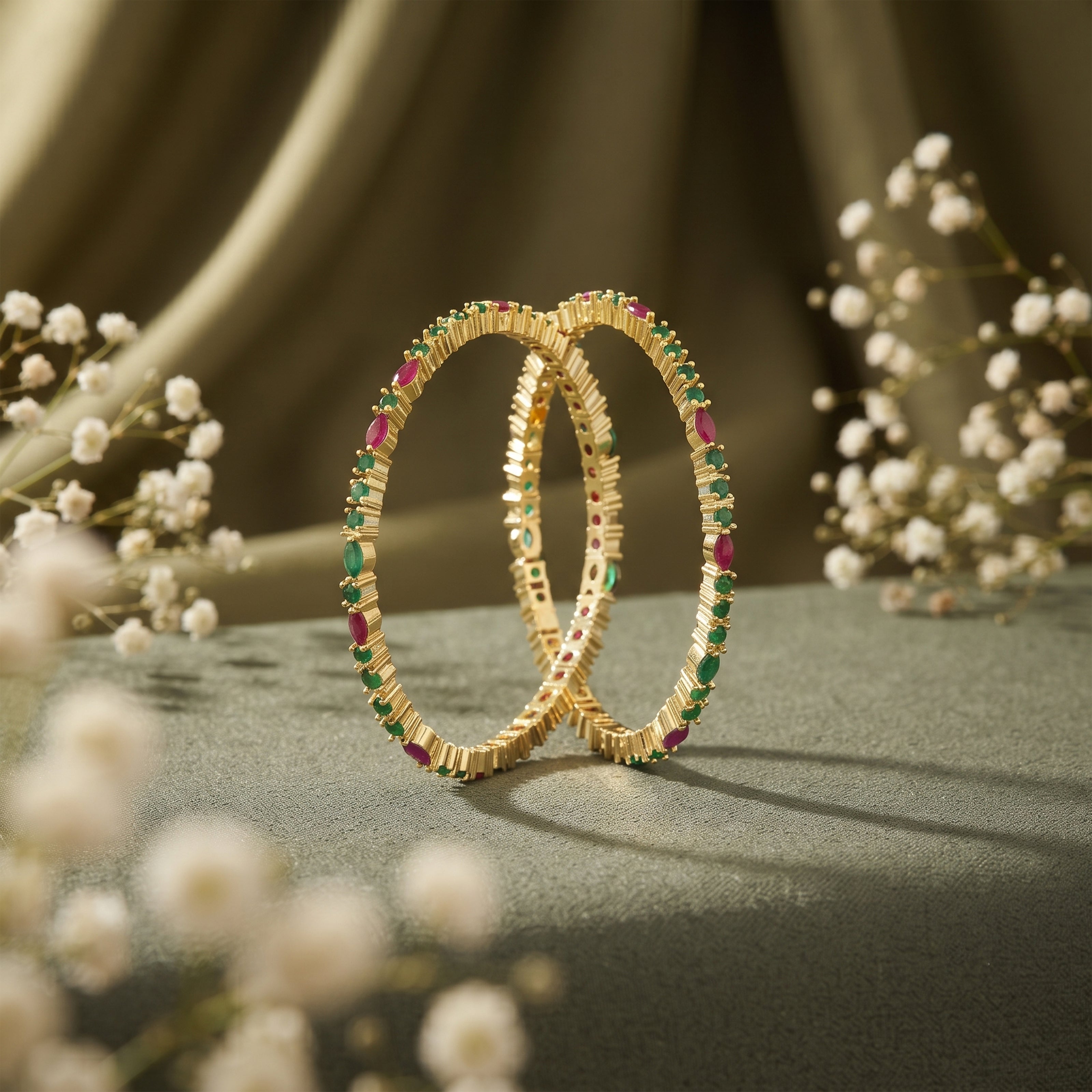 Bhavmayi Multi-Color Ruby Red & Emerald Green Stone-Studded Gold Finish Bangle Set