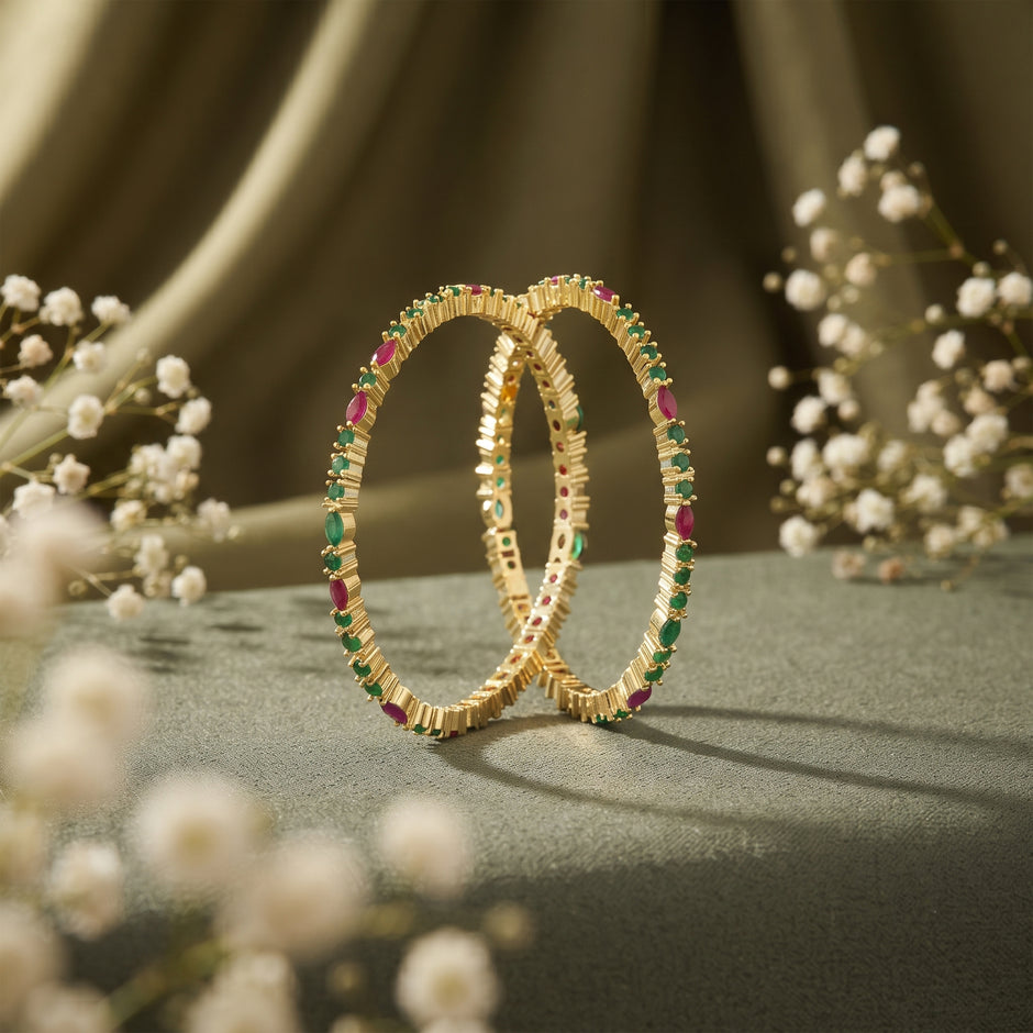 Bhavmayi Multi-Color Ruby Red & Emerald Green Stone-Studded Gold Finish Bangle Set