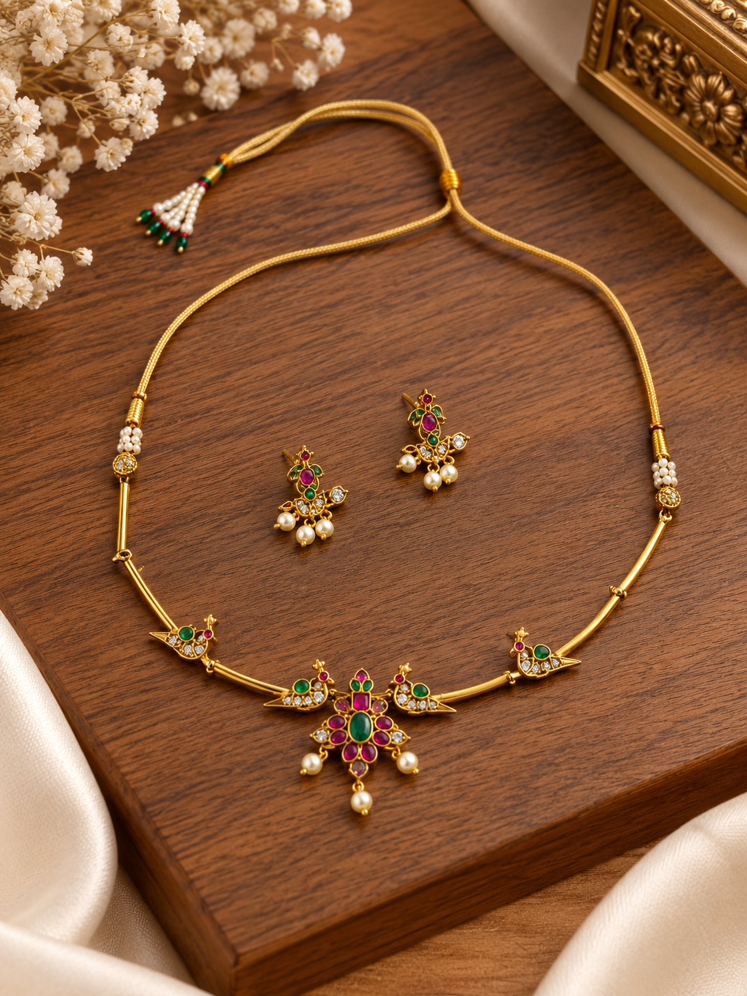 Bhavmayi Multicolour Floral Pearl Pendant Necklace Set