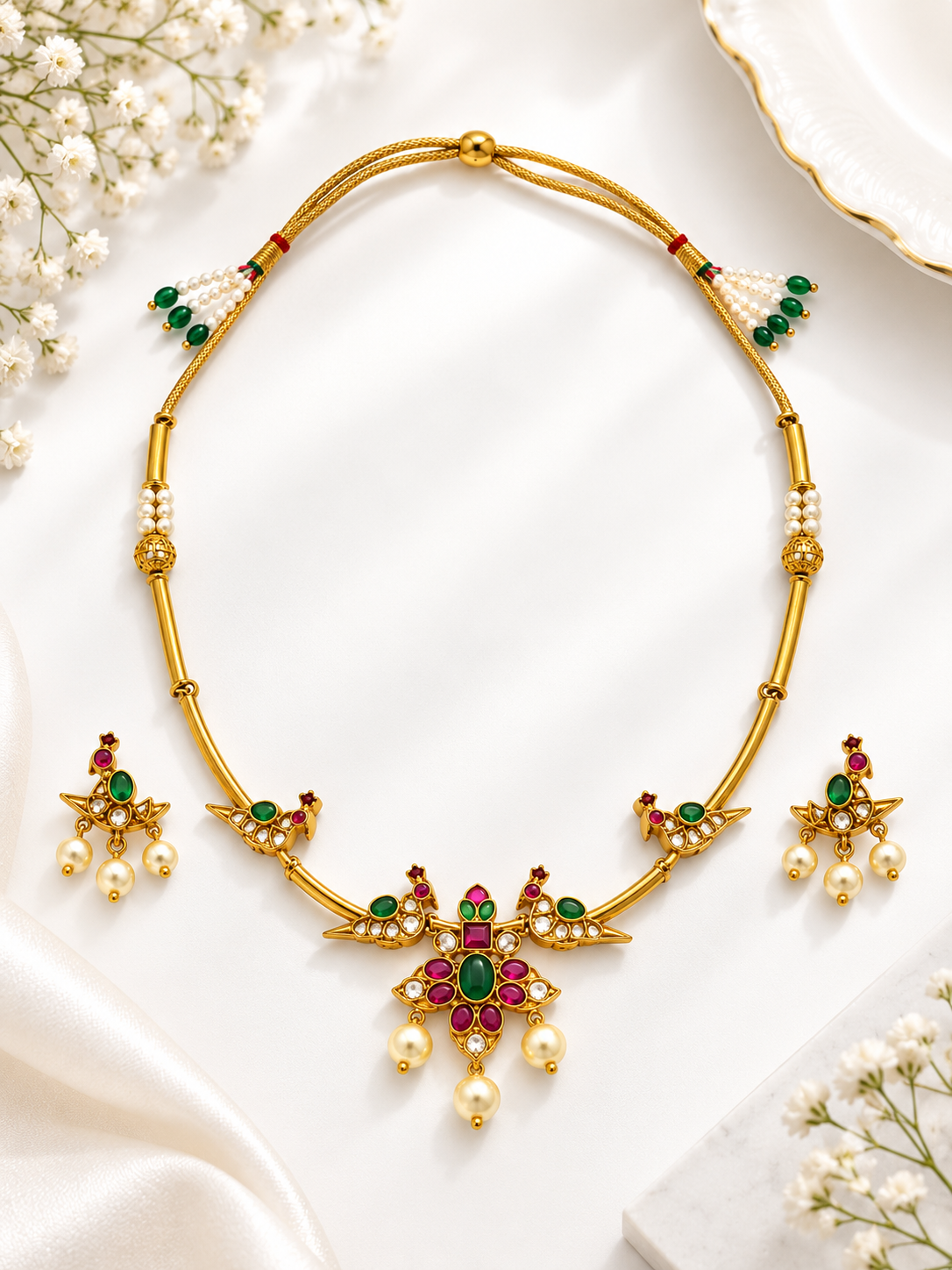 Bhavmayi Multicolour Floral Pearl Pendant Necklace Set