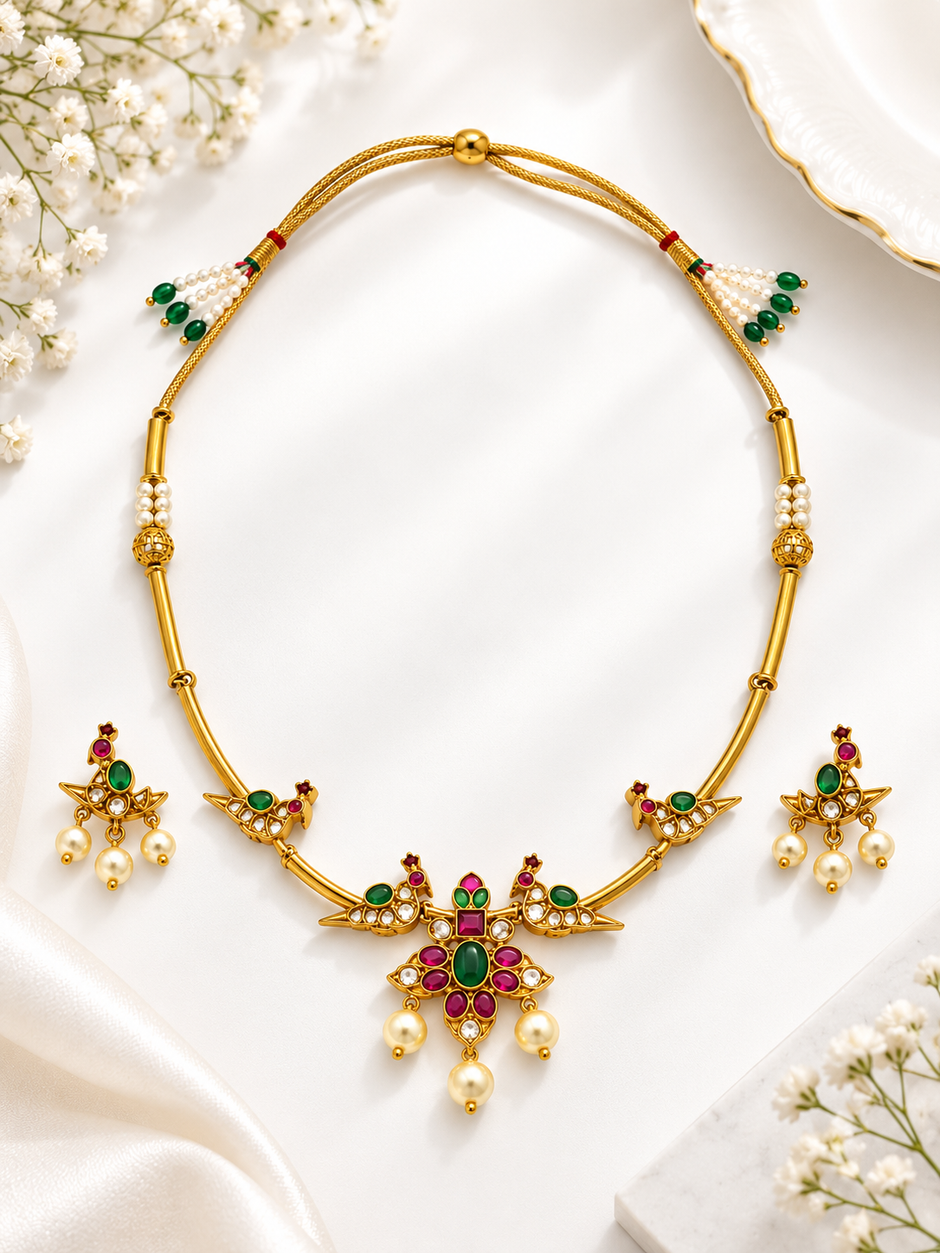 Bhavmayi Multicolour Floral Pearl Pendant Necklace Set