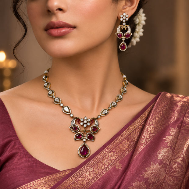 Bhavmayi Regal Peacock-Motif Ruby, Diamond-Polki-Style Heritage Necklace Set with Earrings