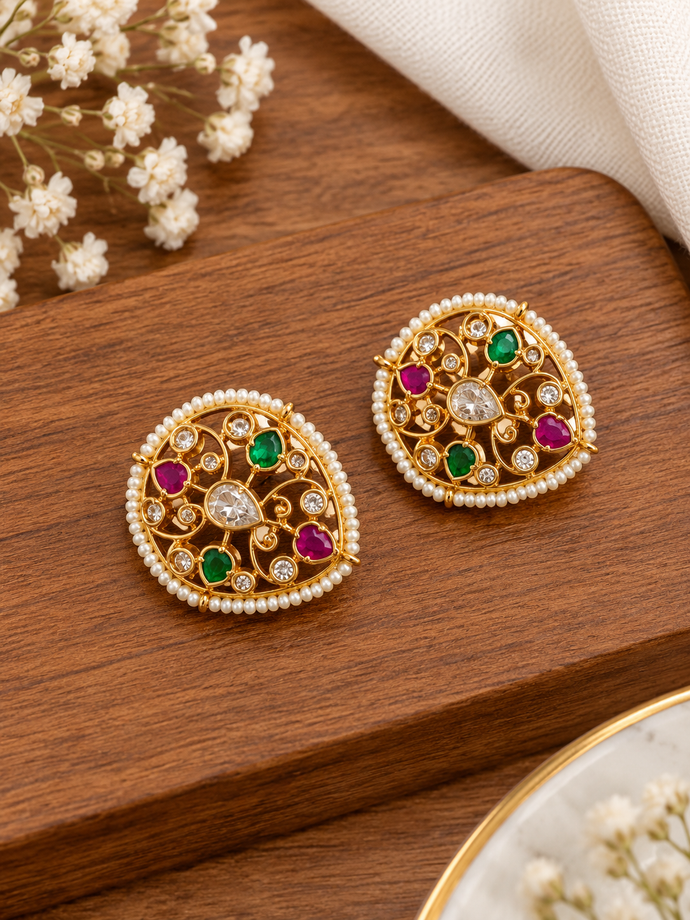 Bhavmayi Regal Pearl Border Multicolour Statement Stud Earrings