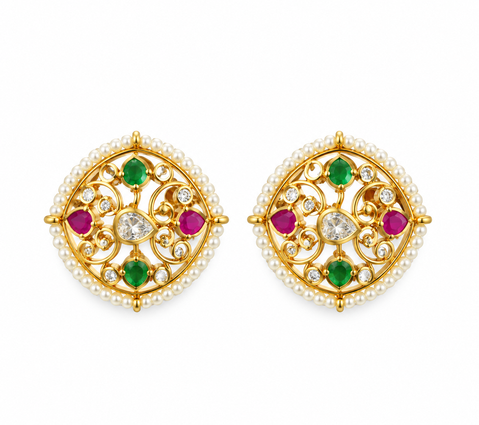 Bhavmayi Regal Pearl Border Multicolour Statement Stud Earrings