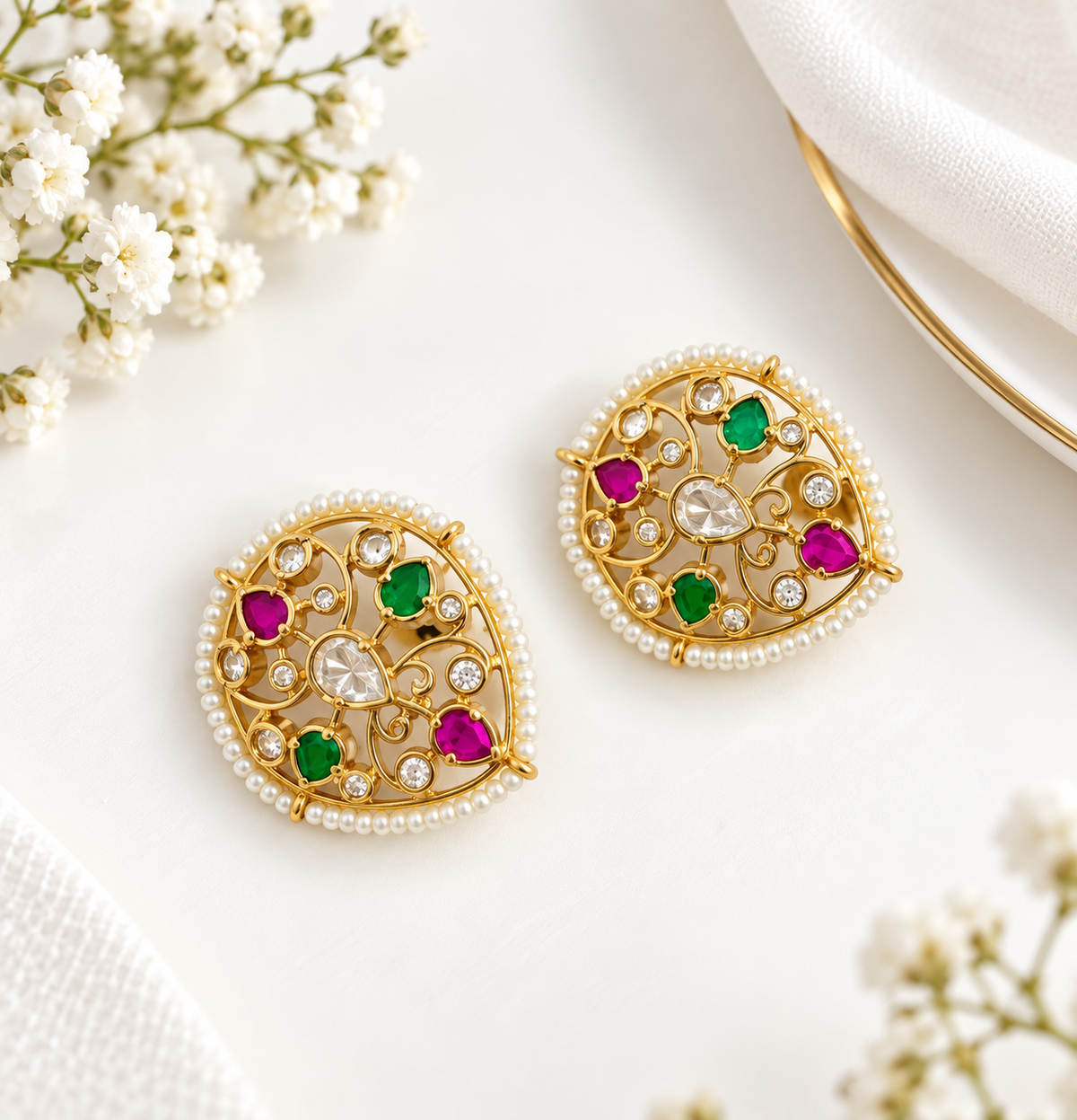 Bhavmayi Regal Pearl Border Multicolour Statement Stud Earrings