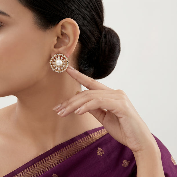 Bhavmayi Rose Gold Freshwater Pearl Stud Earrings with Baguette Cut Crystal Sunburst Halo