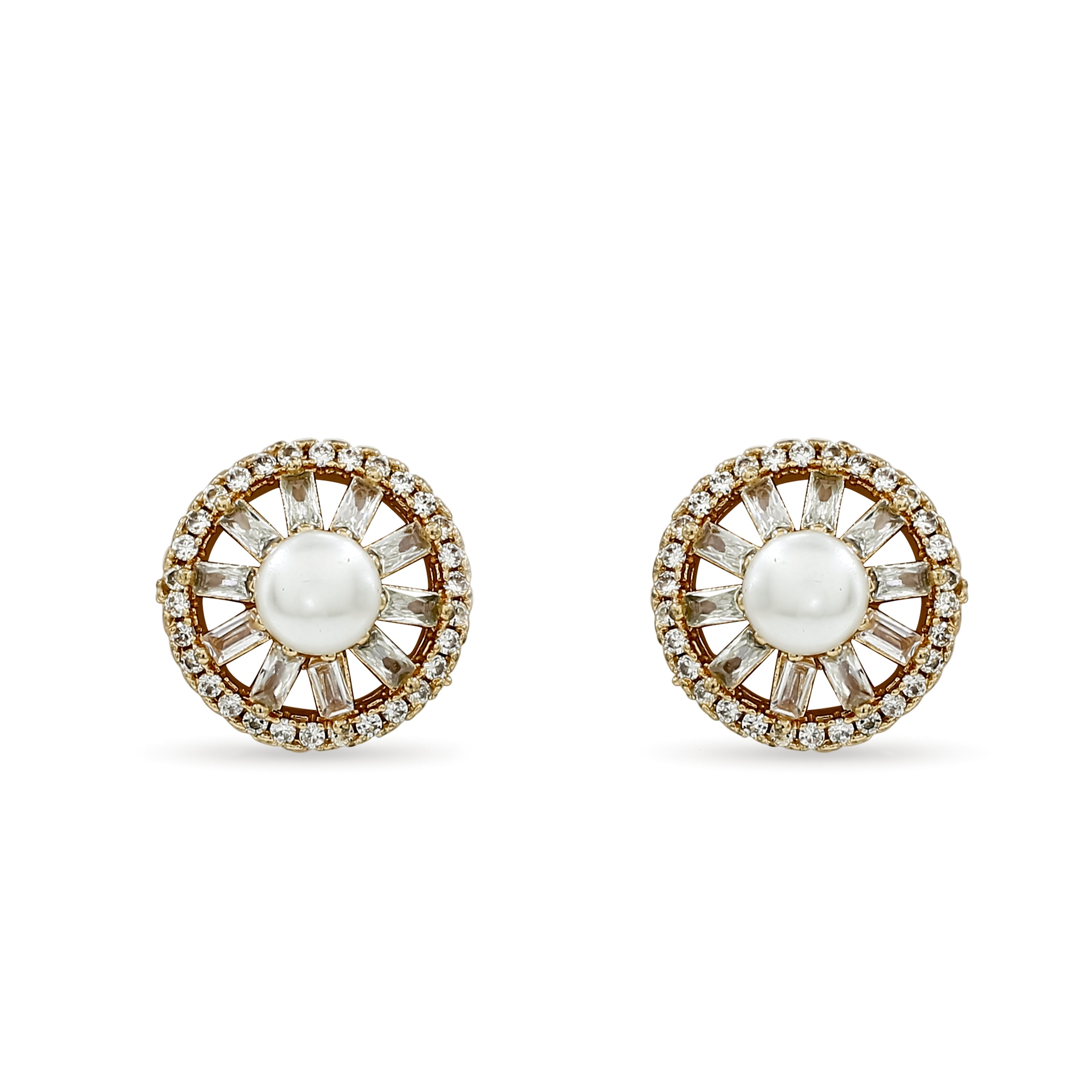 Bhavmayi Rose Gold Freshwater Pearl Stud Earrings with Baguette Cut Crystal Sunburst Halo