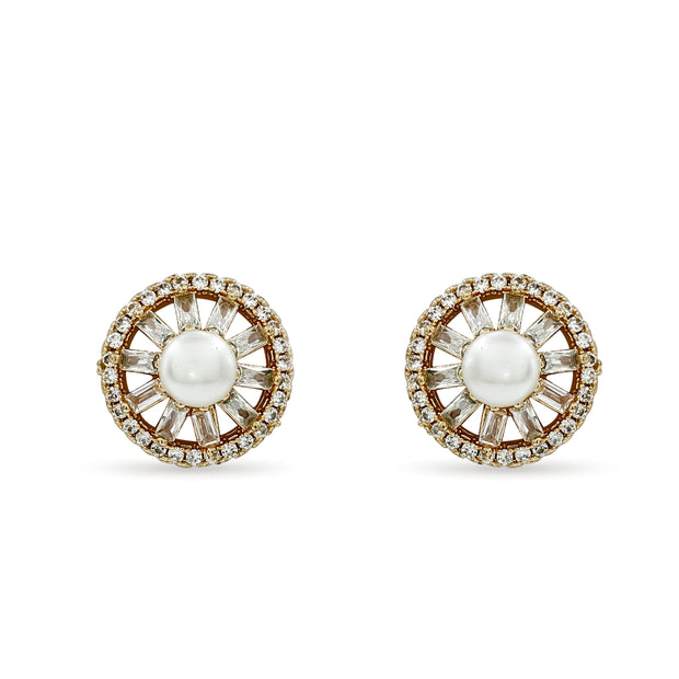 Bhavmayi Rose Gold Freshwater Pearl Stud Earrings with Baguette Cut Crystal Sunburst Halo