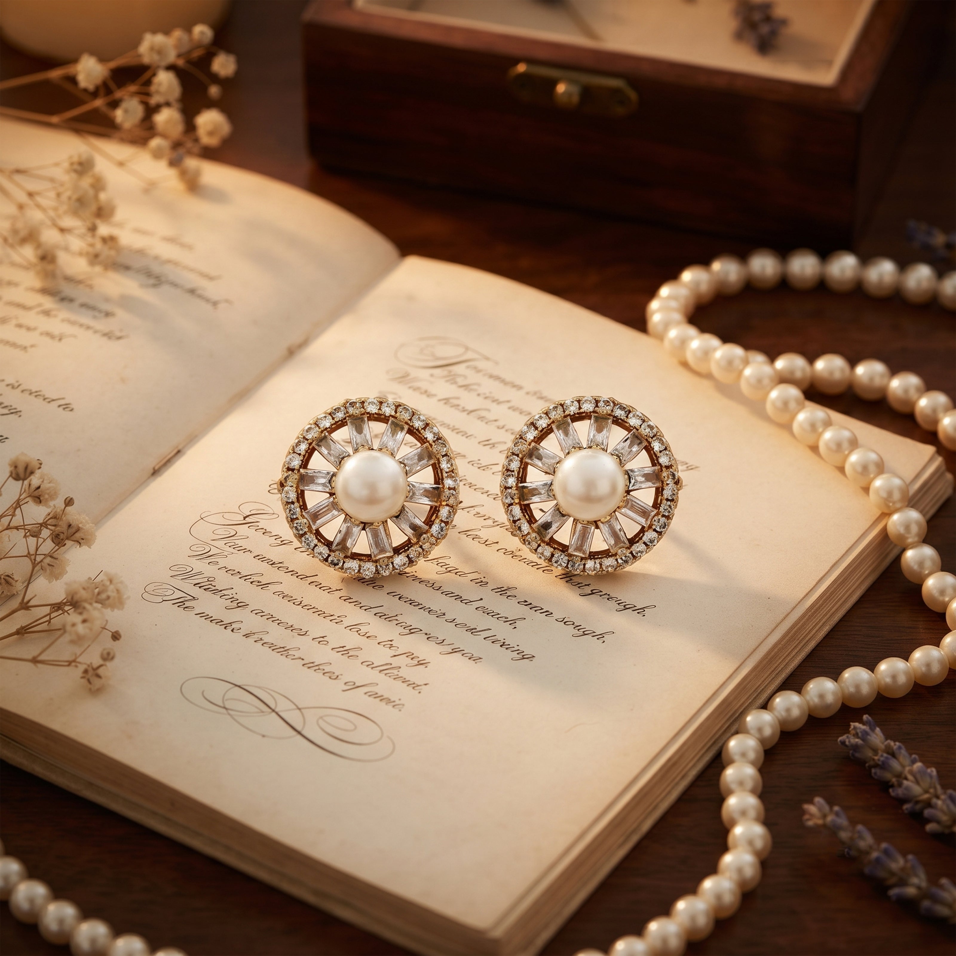 Bhavmayi Rose Gold Freshwater Pearl Stud Earrings with Baguette Cut Crystal Sunburst Halo