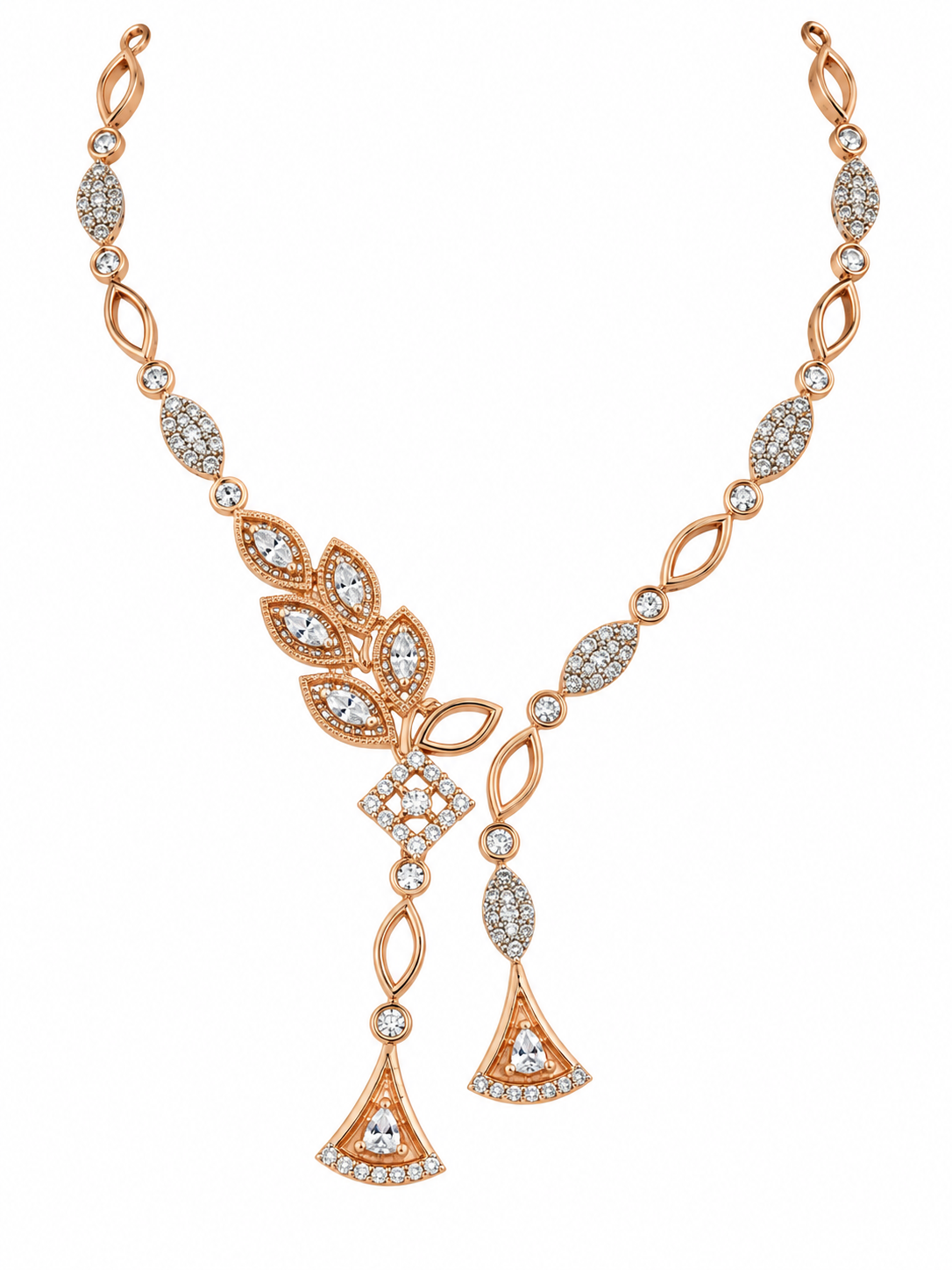 Bhavmayi Rose Gold Leaf Motif Necklace Set with Drop Earrings