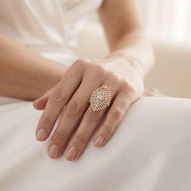 Bhavmayi Rose Gold Marquise-Shaped with Solitaire Center Cubic Zirconia Cluster Cocktail Ring