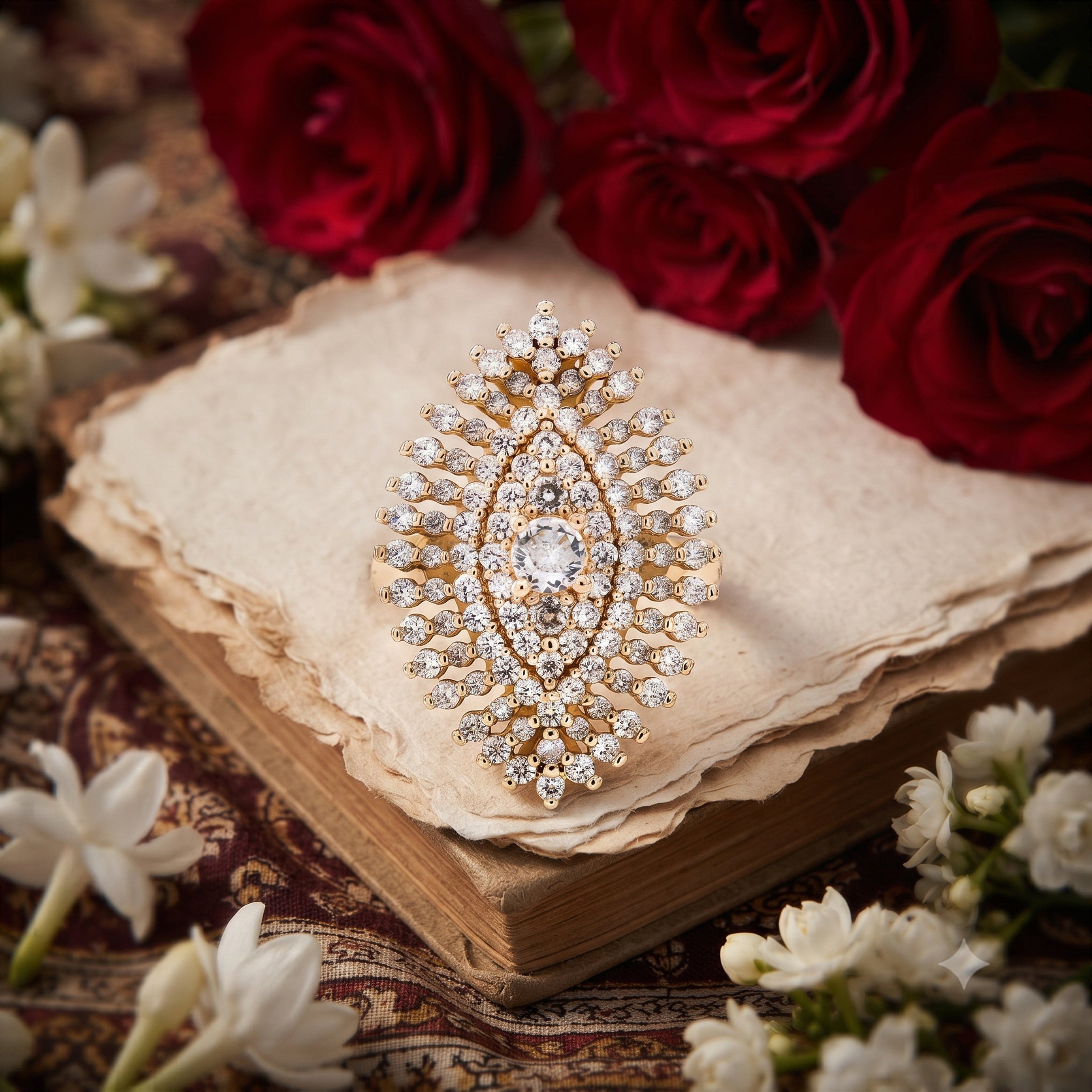 Bhavmayi Rose Gold Marquise-Shaped with Solitaire Center Cubic Zirconia Cluster Cocktail Ring