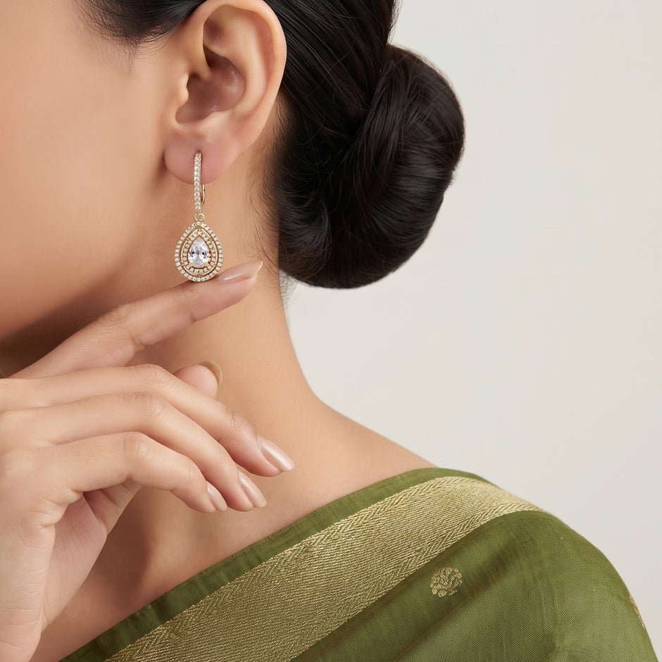 Bhavmayi Rose Gold Pear Cut Cubic Zirconia Double Halo Teardrop Drop Earrings with Pave Bar Stem.