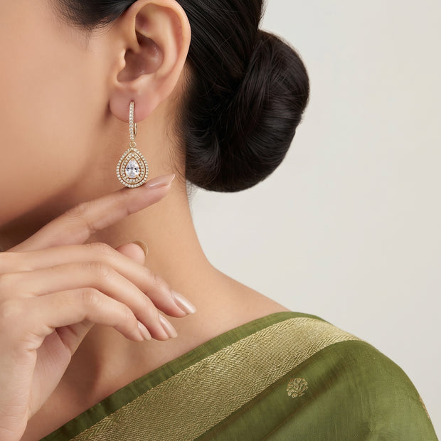 Bhavmayi Rose Gold Pear Cut Cubic Zirconia Double Halo Teardrop Drop Earrings with Pave Bar Stem.
