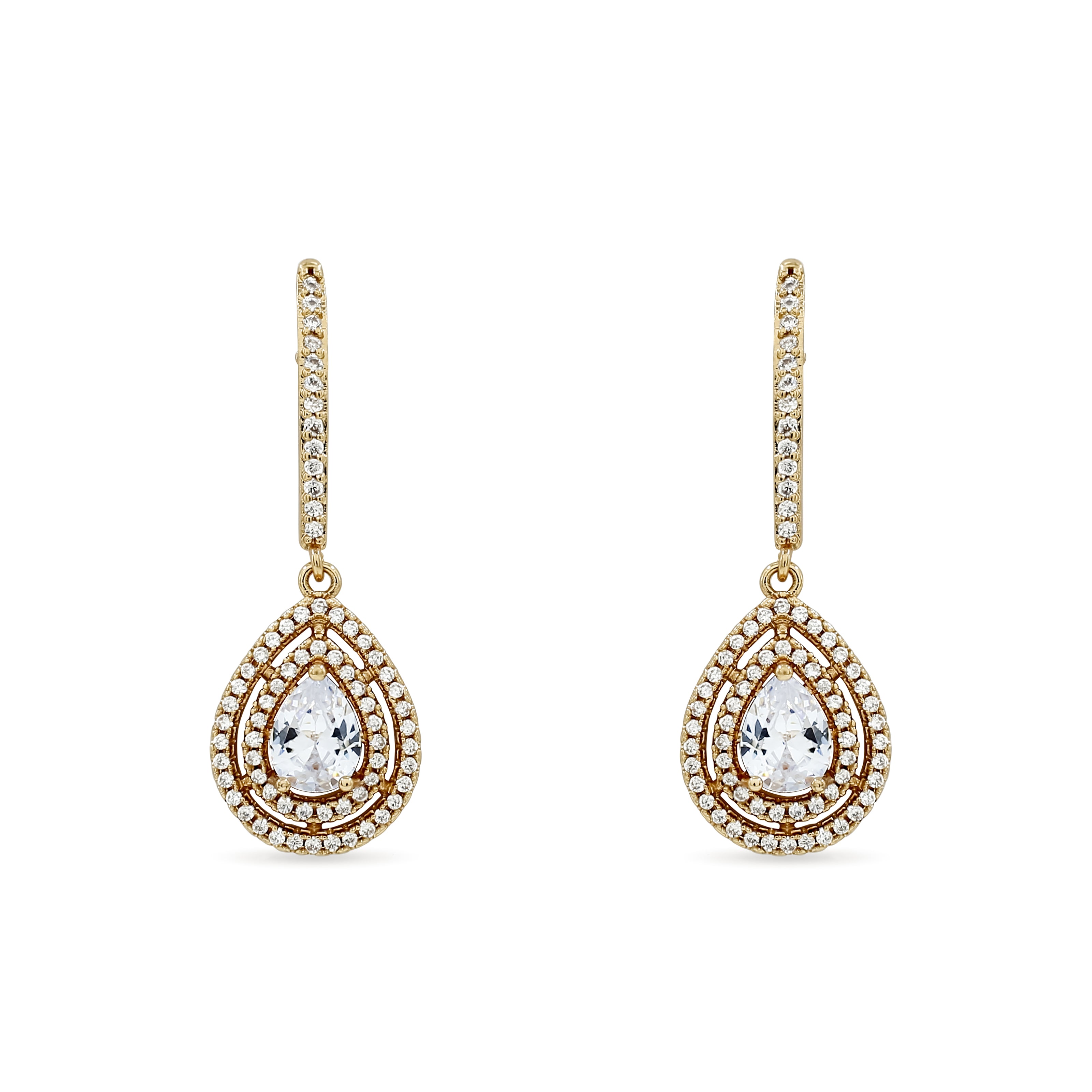 Bhavmayi Rose Gold Pear Cut Cubic Zirconia Double Halo Teardrop Drop Earrings with Pave Bar Stem.