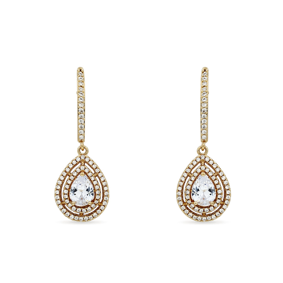 Bhavmayi Rose Gold Pear Cut Cubic Zirconia Double Halo Teardrop Drop Earrings with Pave Bar Stem.